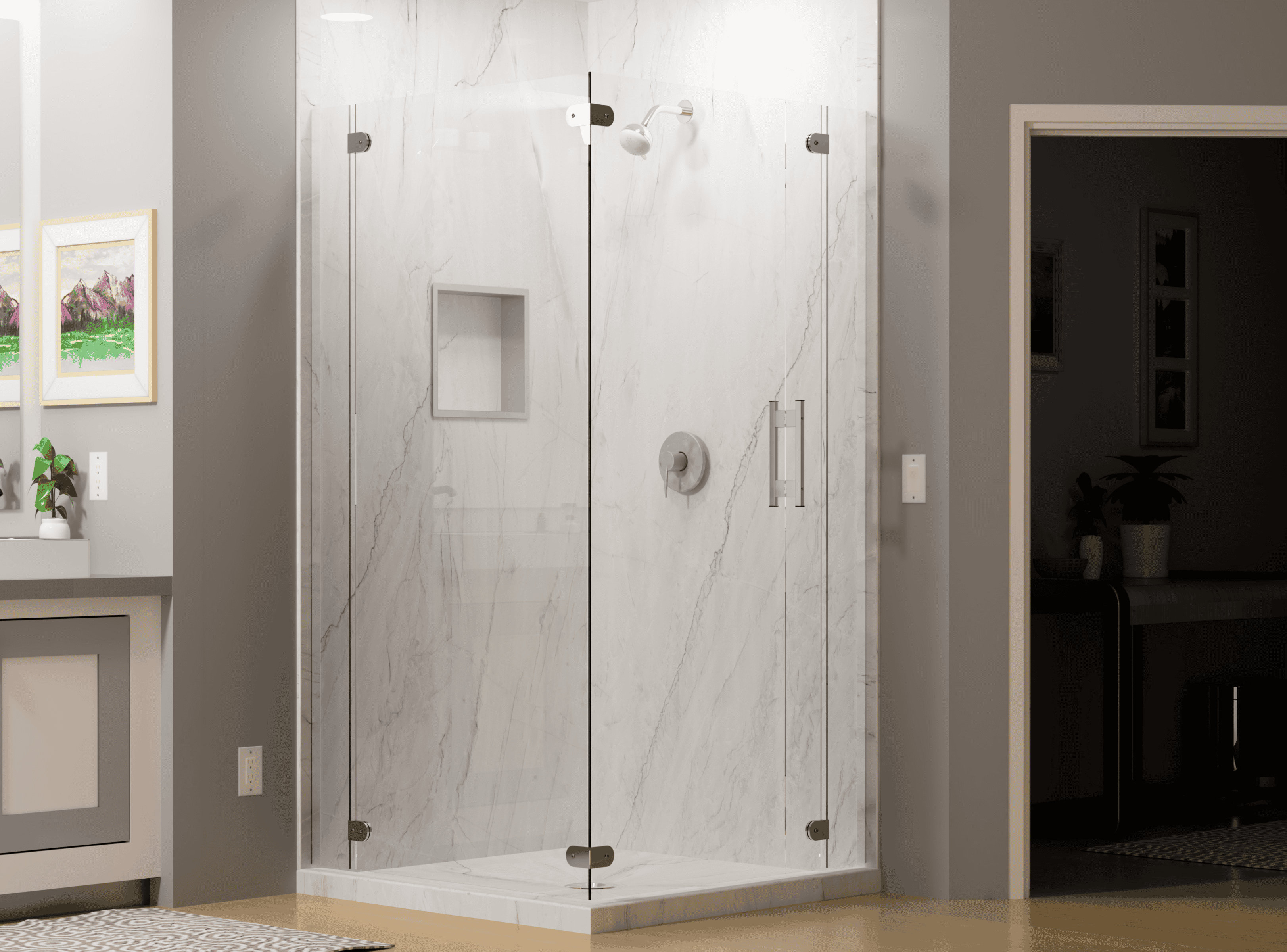 Elegant marble shower enclosure with glass doors and sleek fixtures.
