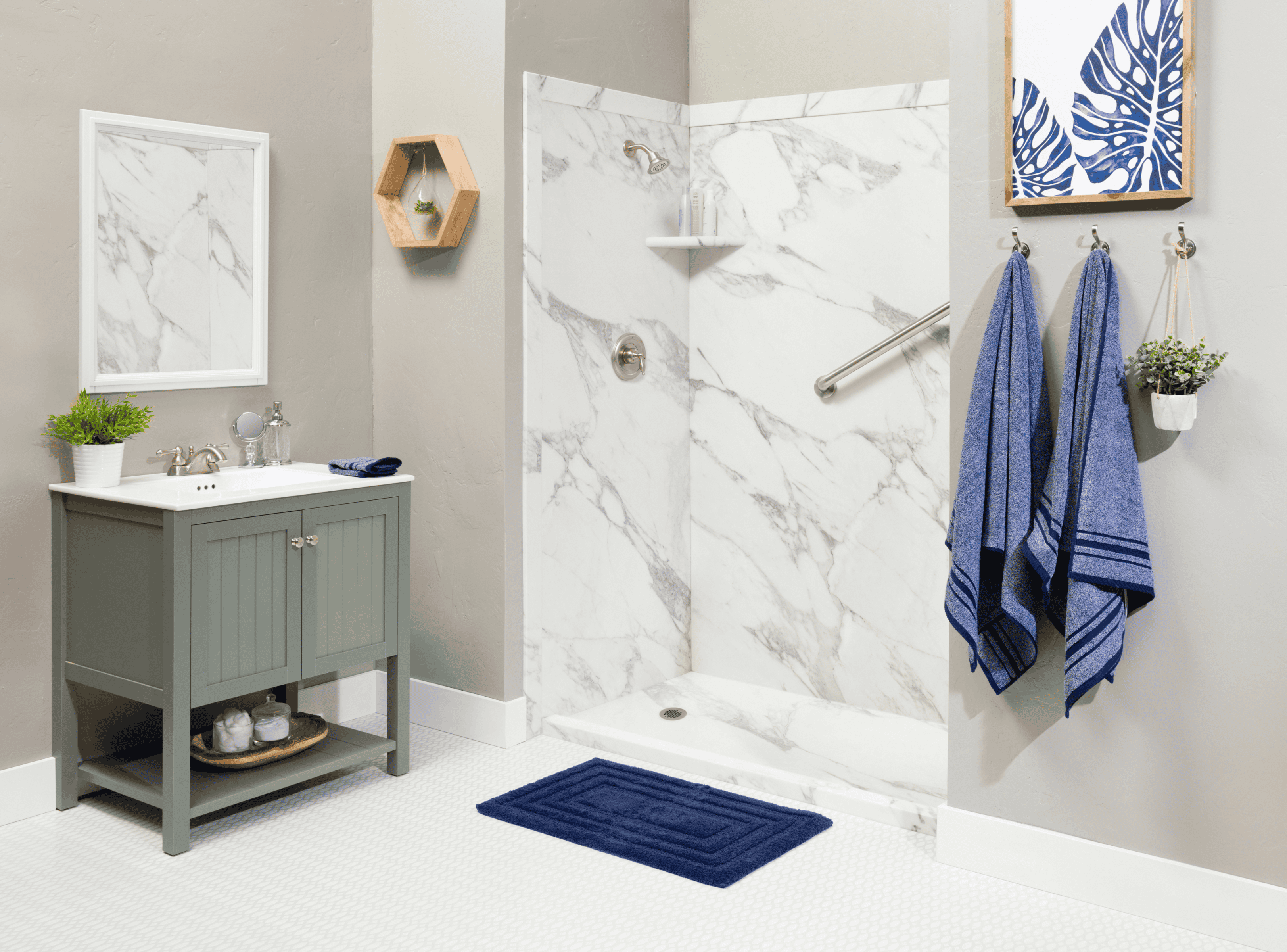 a bathroom with a shower and sink