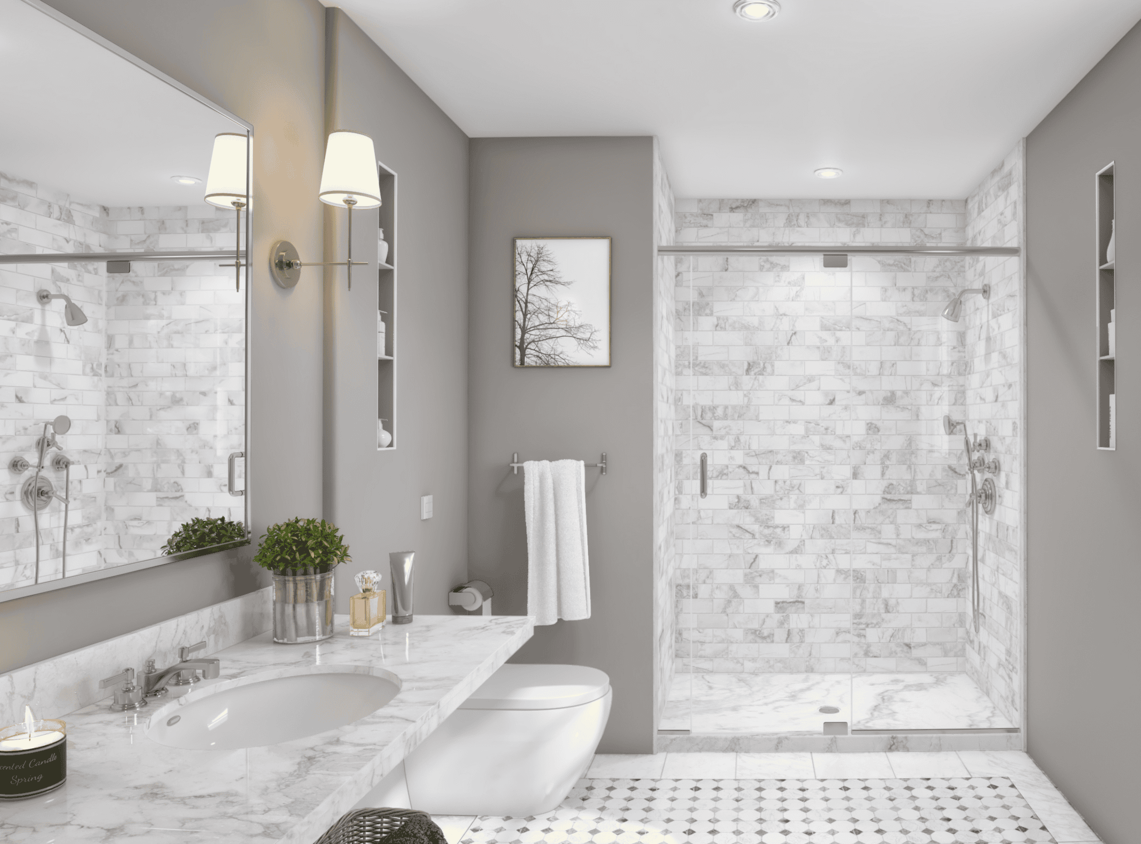 Bright and spacious bathroom with marble accents and walk-in shower. Elegant fixtures and neutral to.
