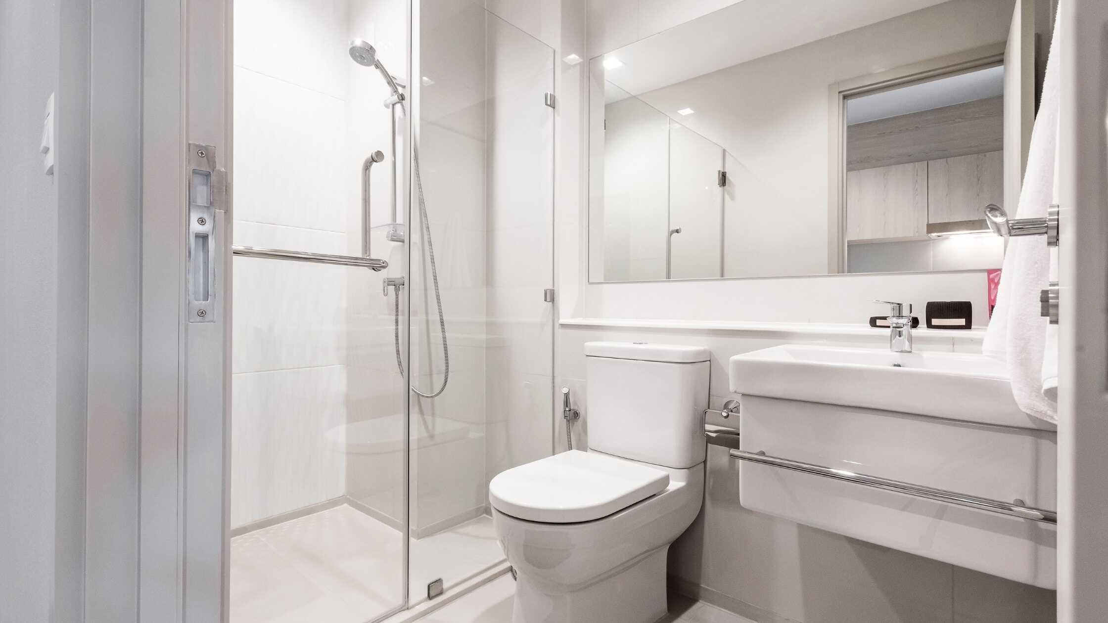 Modern bathroom with walk-in shower, toilet, and sleek vanity in a bright, clean space.