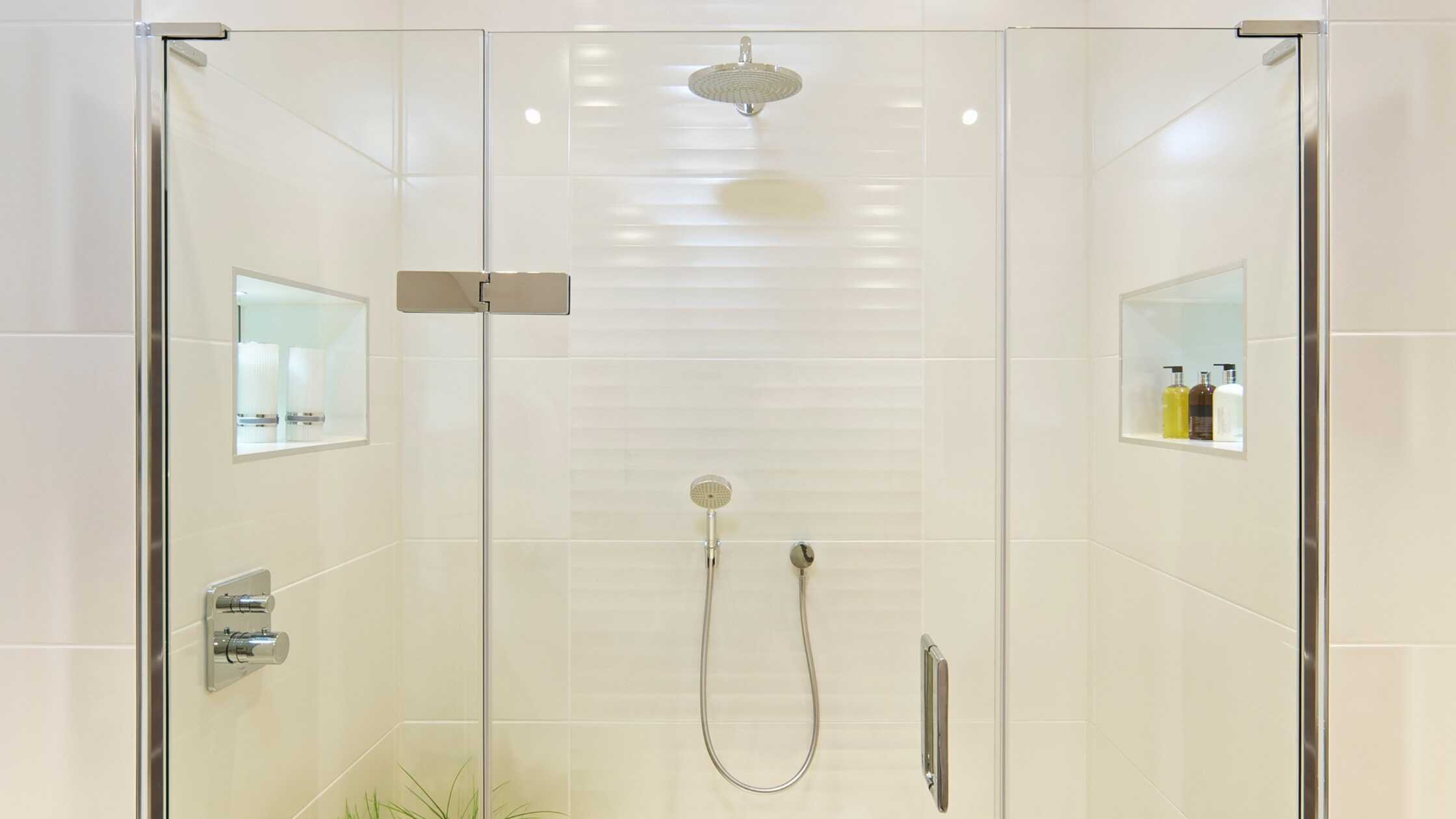 Elegant glass shower enclosure with built-in shelves and modern fixtures.