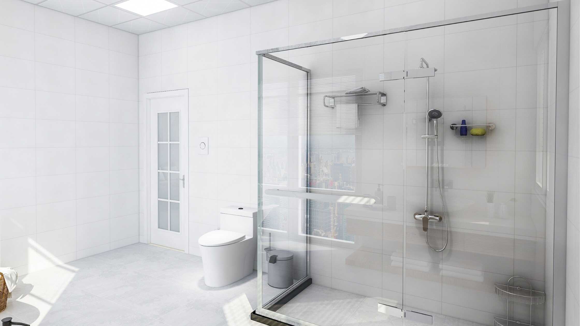 Bright, modern bathroom with walk-in shower and toilet in a clean, white design.