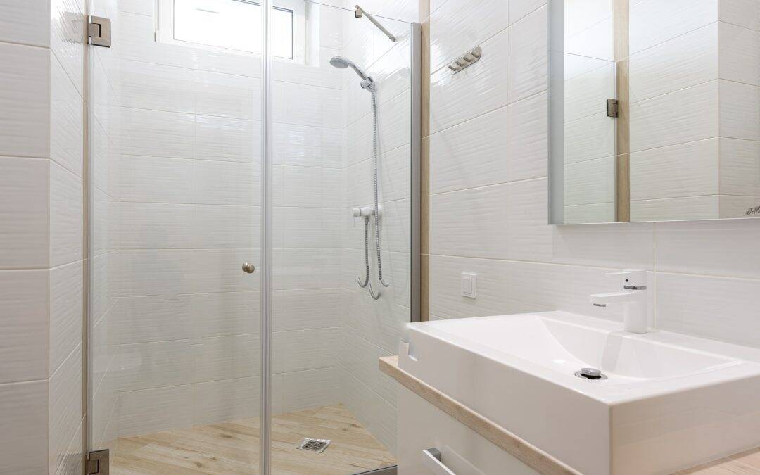 Bright modern bathroom with walk-in shower and sleek sink design.