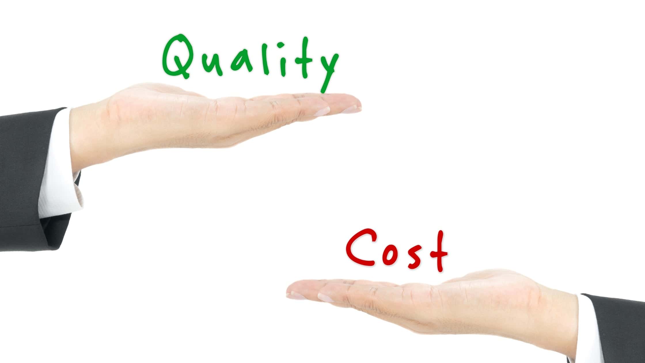 Hand comparison of quality and cost in bathroom renovation, emphasizing value and affordability.