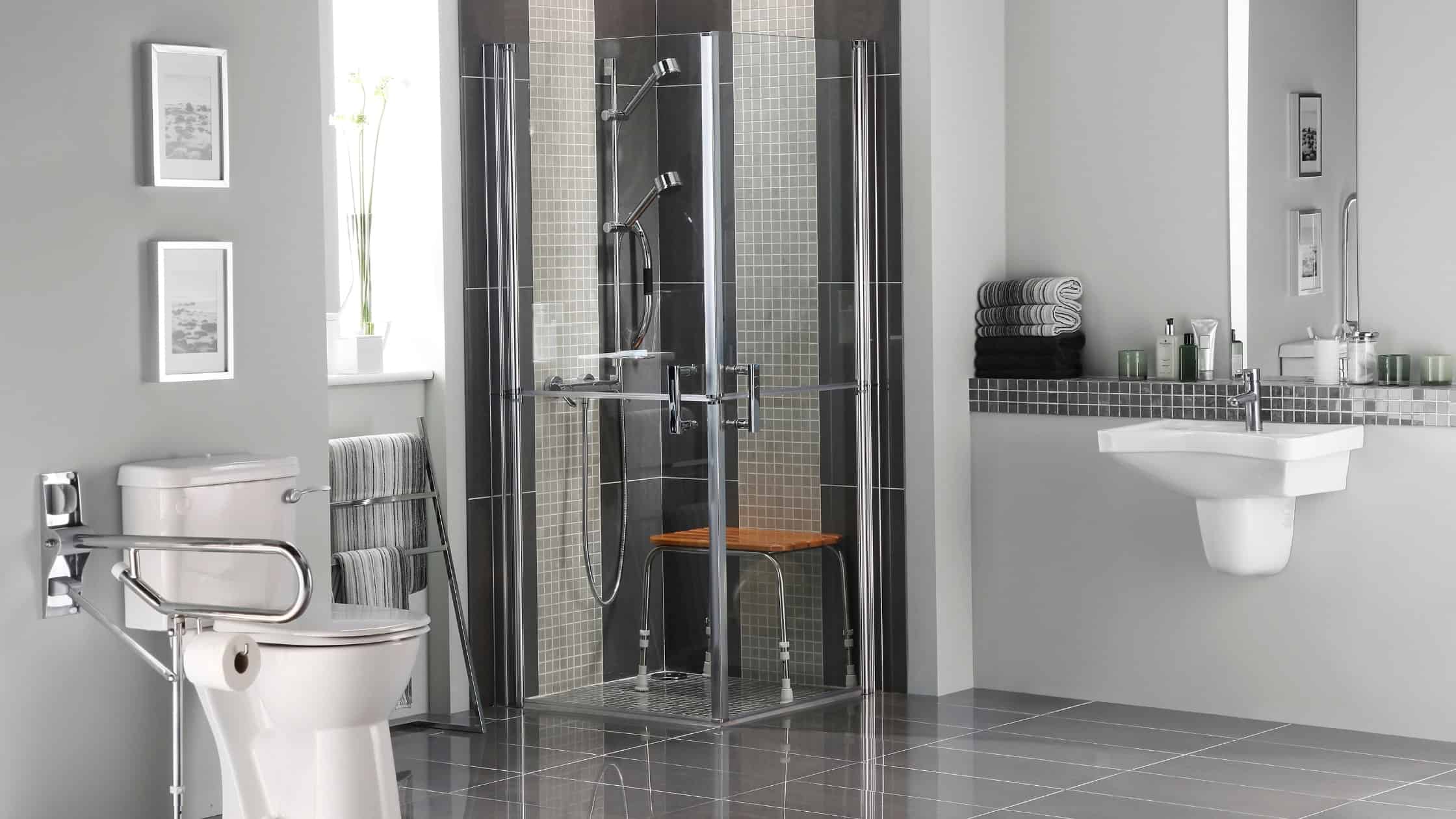 Modern accessible bathroom with walk-in shower and grab bars for safety.