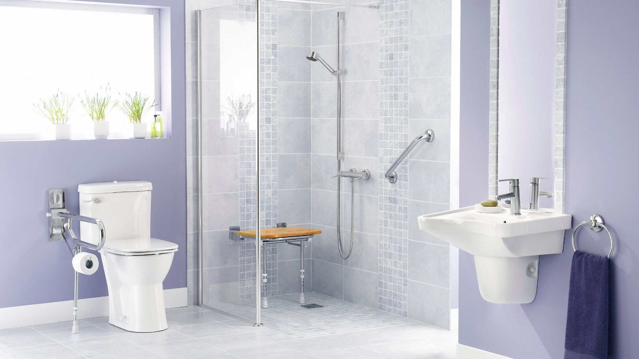 Modern accessible bathroom with walk-in shower, toilet, and sink in a bright, clean space.