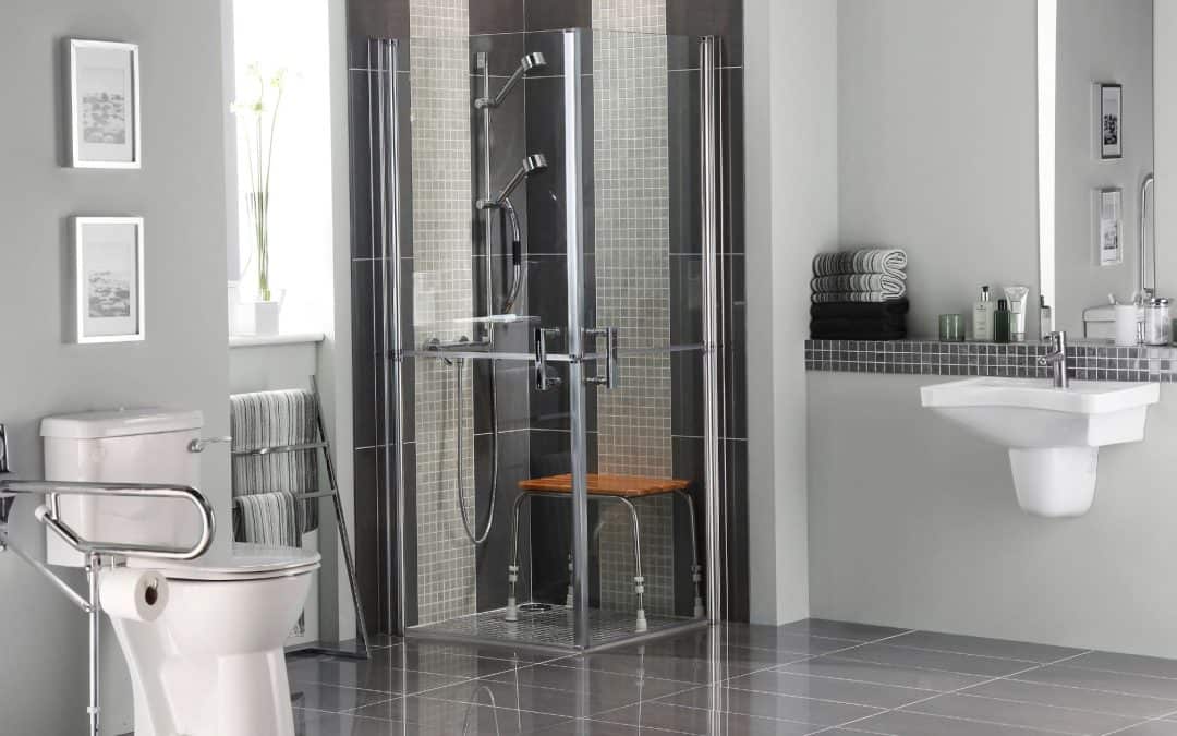 Accessible bathroom with walk-in shower and modern fixtures for comfort and style.