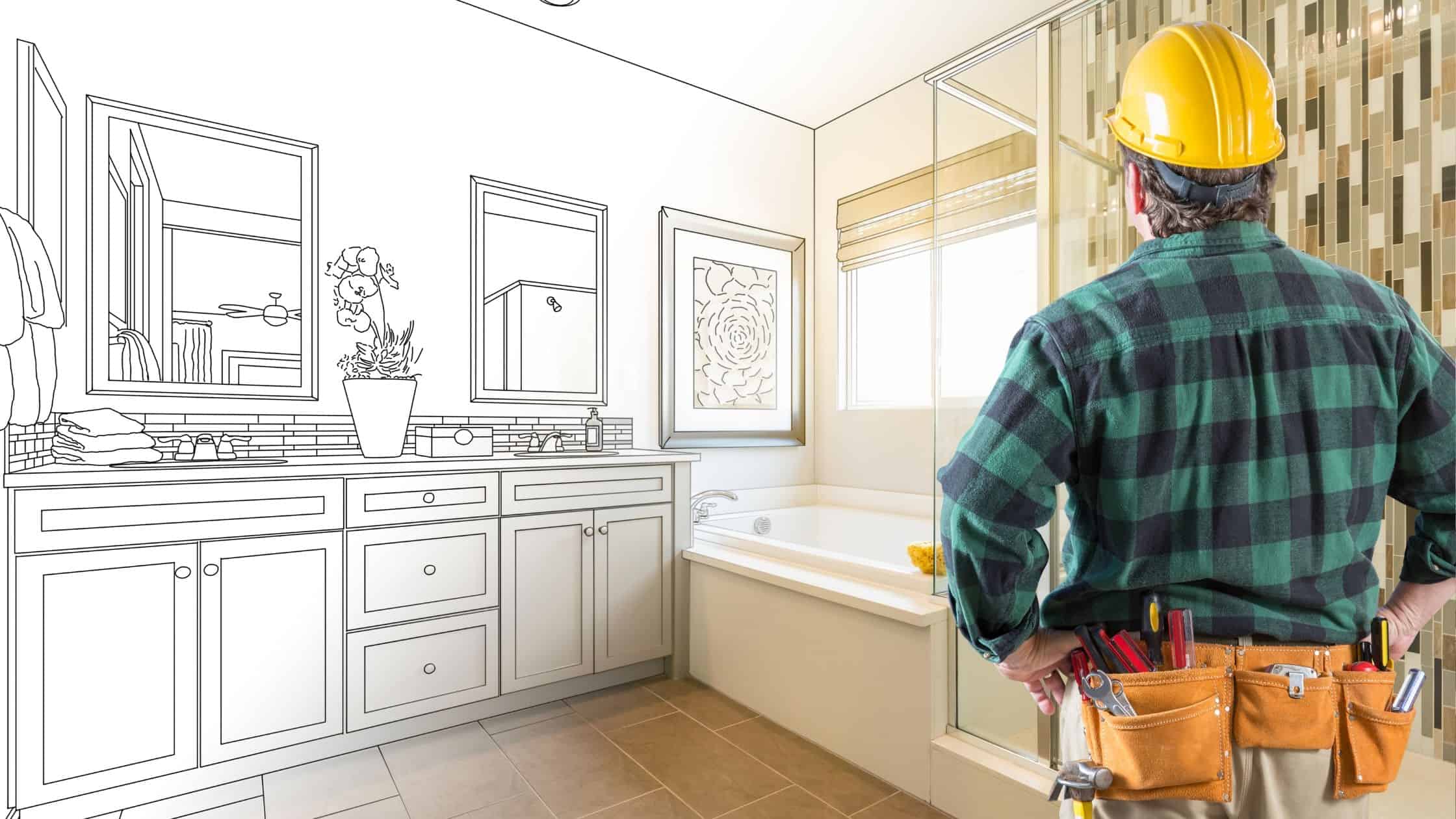 Skilled worker inspecting a modern bathroom renovation with tools and safety gear.