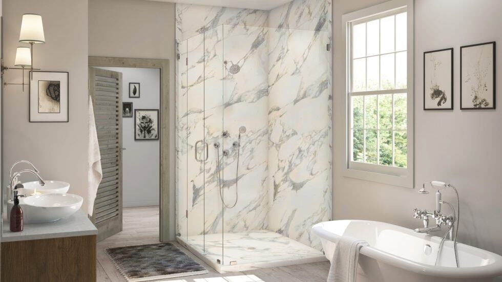 Elegant bathroom featuring a marble walk-in shower and a freestanding bathtub for relaxation.