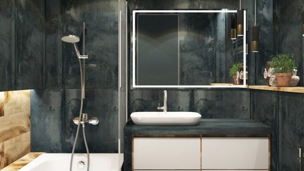 Stylish modern bathroom with dark tiles, walk-in shower, and sleek vanity.