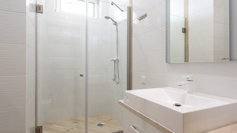 Modern bathroom with glass shower enclosure and sleek sink design.