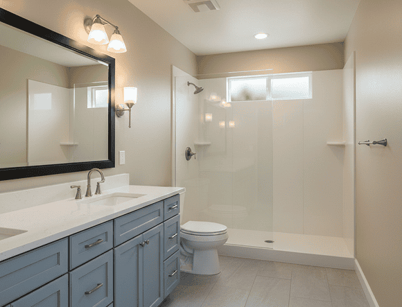Bathroom with walk-in shower, vanity, and natural light.