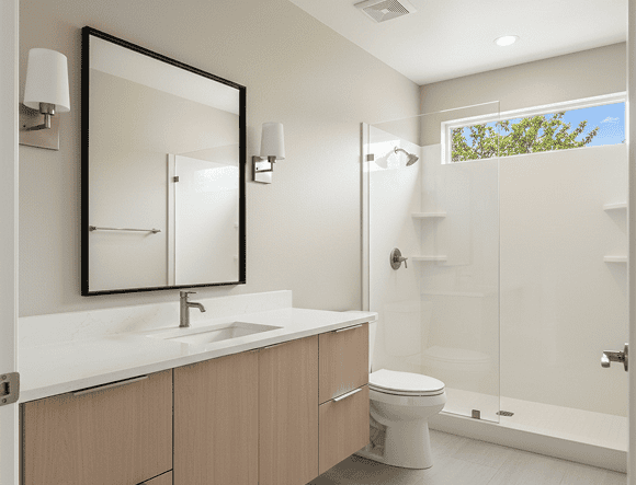 Bathroom with modern vanity and walk-in shower.