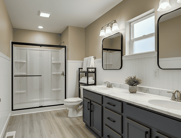Modern bathroom with dual sinks, large mirror, and walk-in shower for a stylish, functional space.