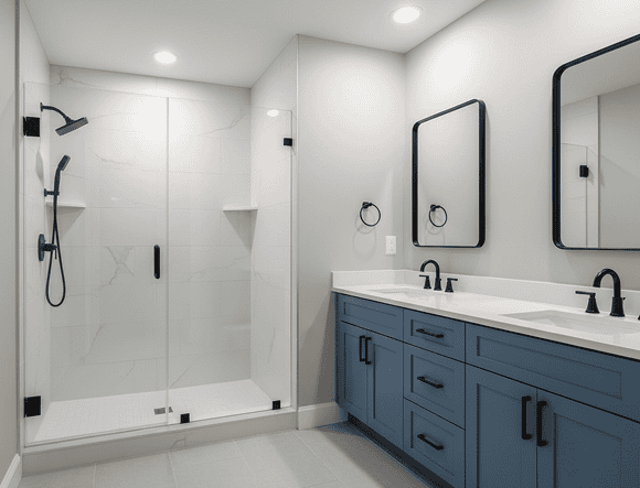 Stylish modern bathroom with glass shower enclosure and blue vanity for a sleek look.