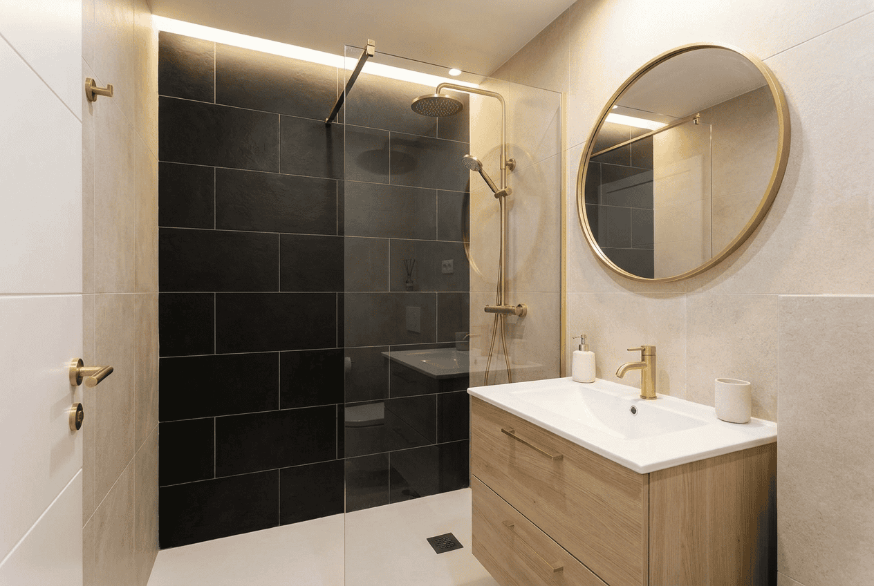 Modern Bathroom Design Contemporary bathroom with walk-in shower and wooden vanity.