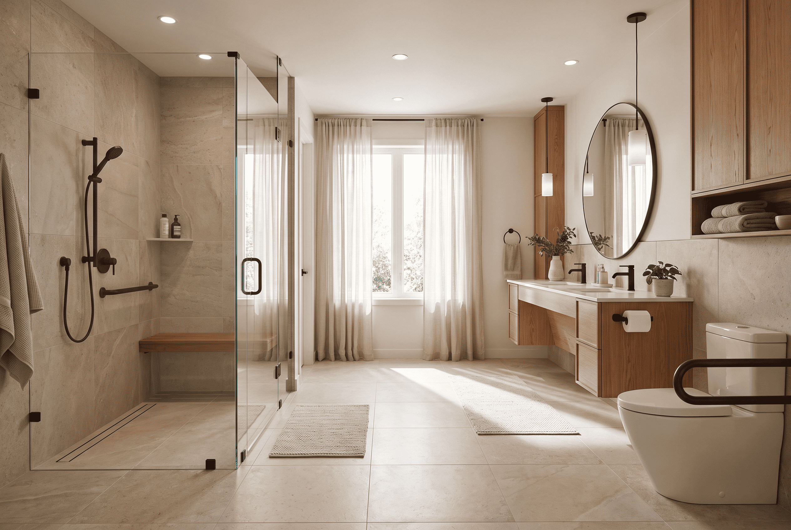 Spacious modern bathroom with walk-in shower, vanity, and natural light.