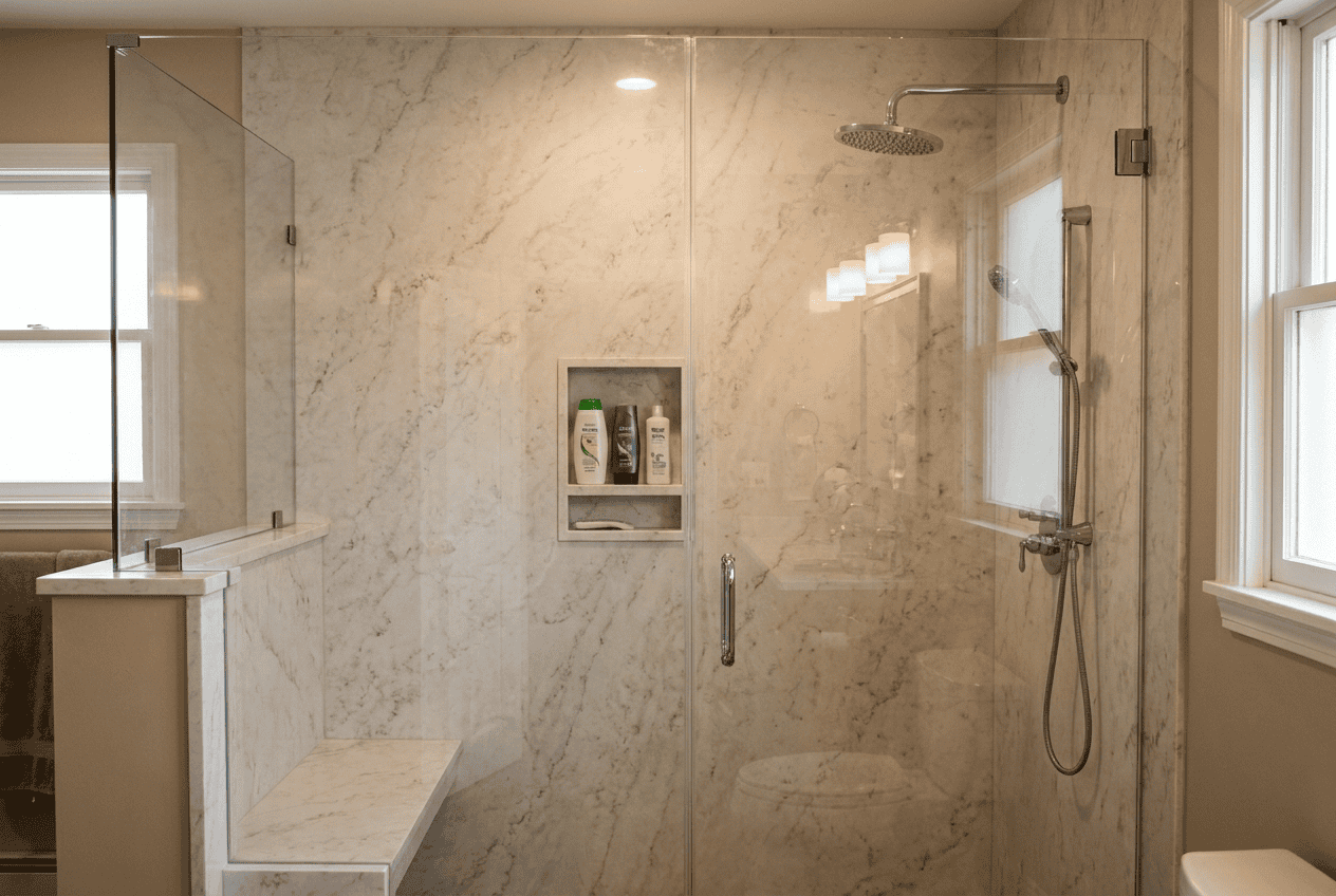 Modern glass shower with built-in niche and rainfall showerhead in a marble bathroom.