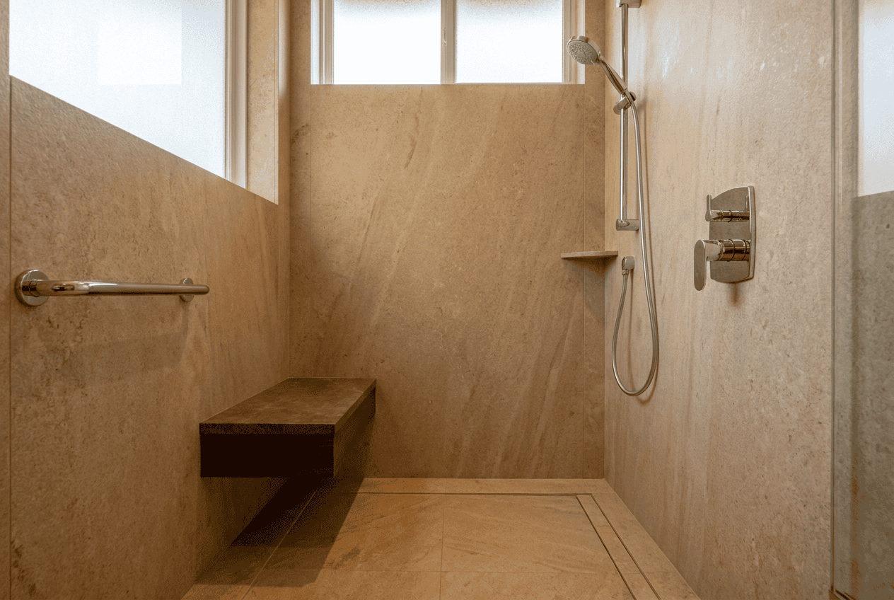 Minimalist shower room with beige tiles, a wall-mounted bench, and a handheld showerhead.