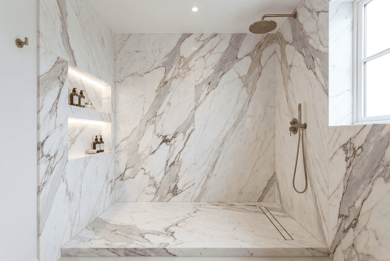 Elegant marble shower with built-in shelves and gold fixtures in a modern bathroom.