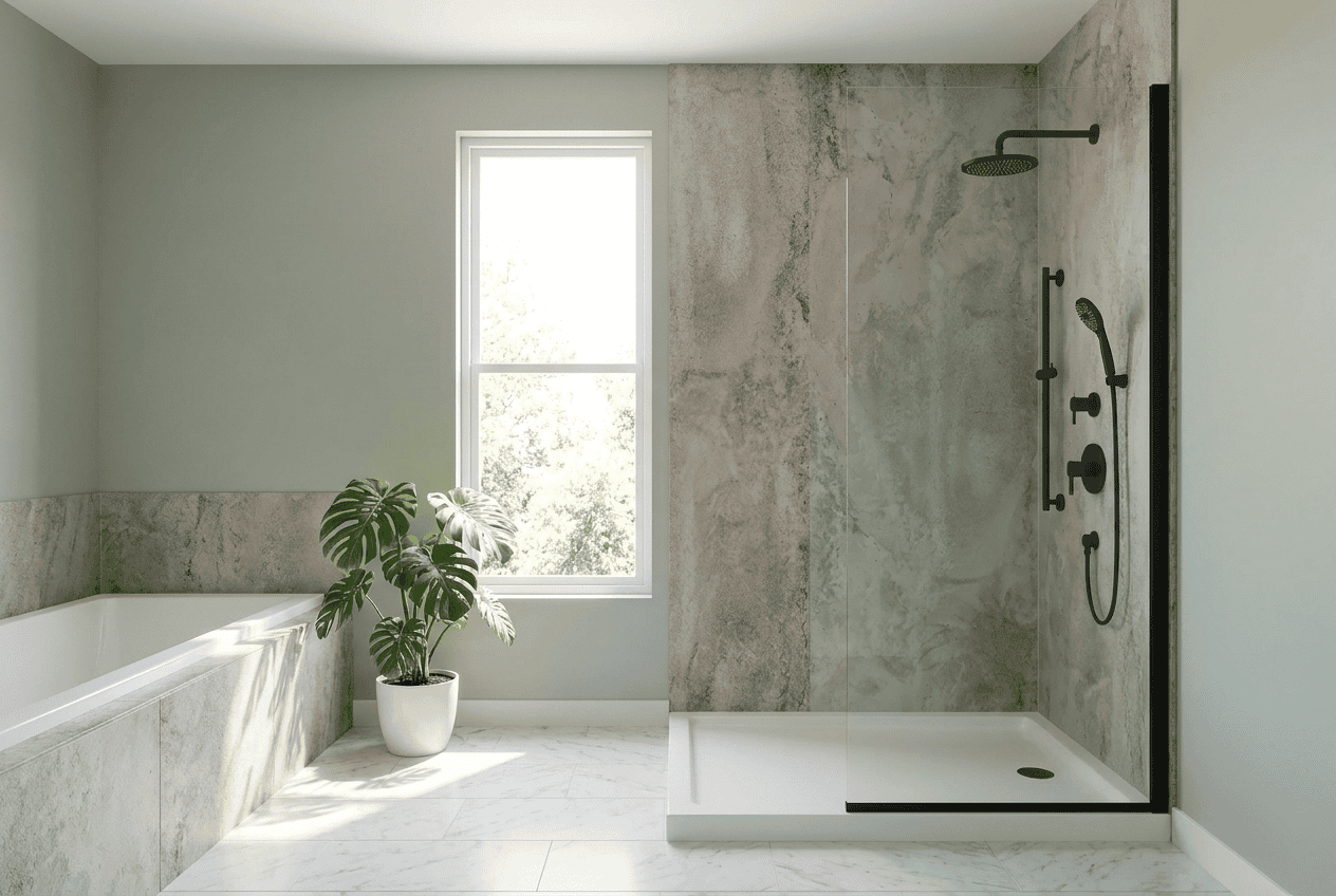 Contemporary bathroom with walk-in shower, natural light, and minimalist design.
