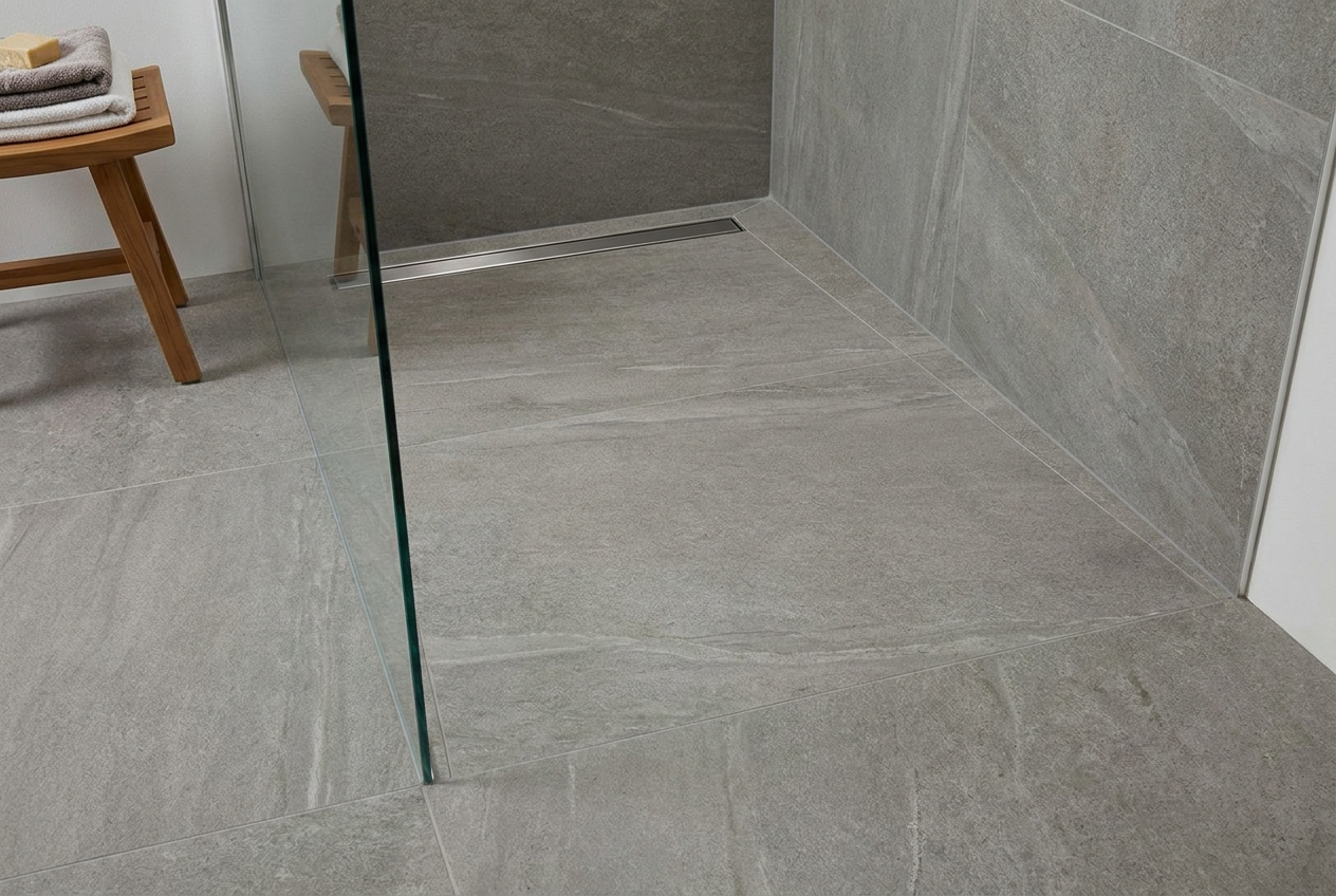 Modern glass shower with built-in niche and rainfall showerhead in a marble bathroom.