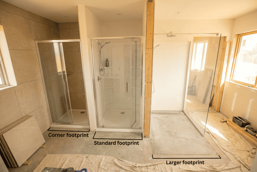 New Wave Bath bathroom with corner, standard, and large footprint showers.